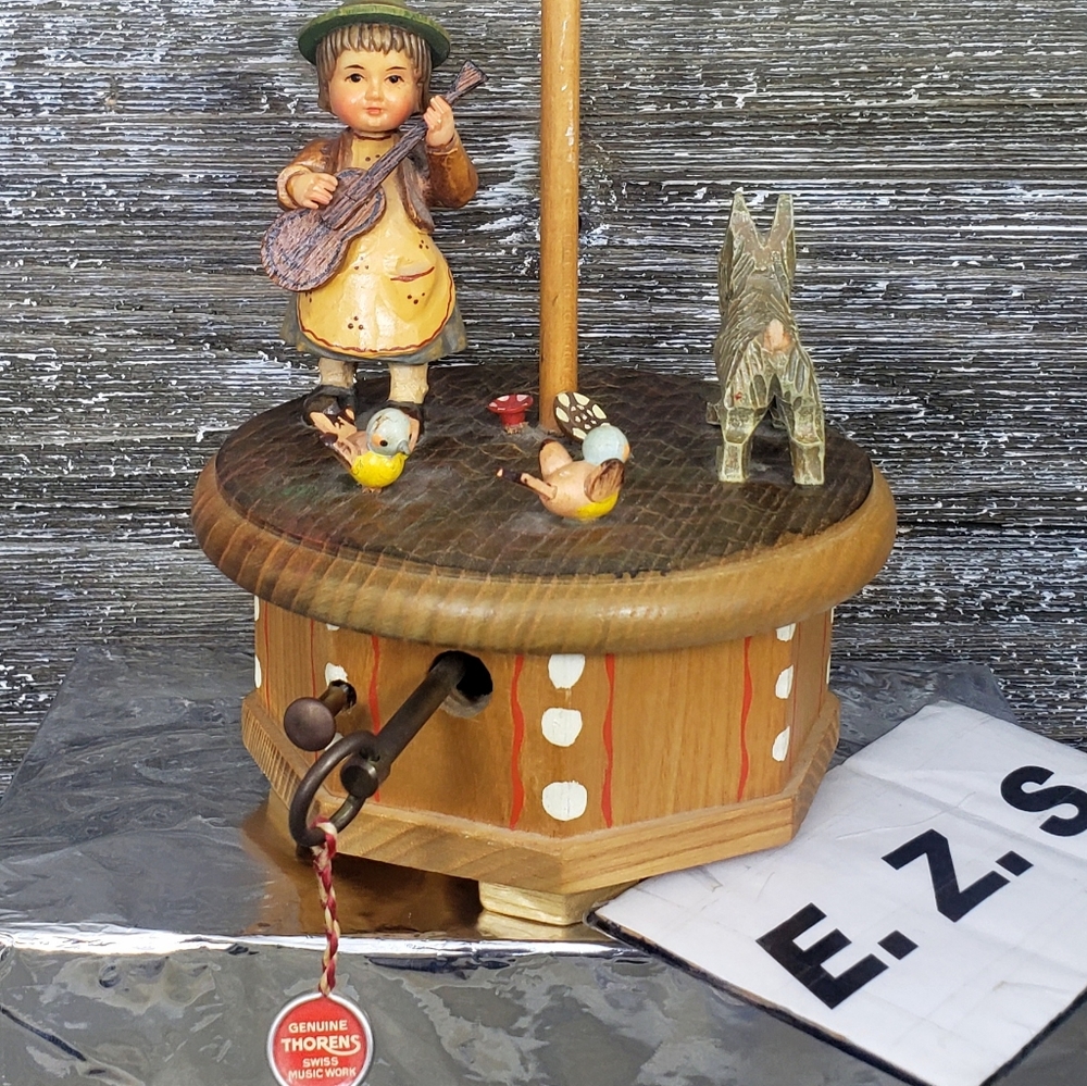 Vtg. Anri Thorens Music Box Swiss Made Rotating Wooden Girl Dog Plays Do Re Mi